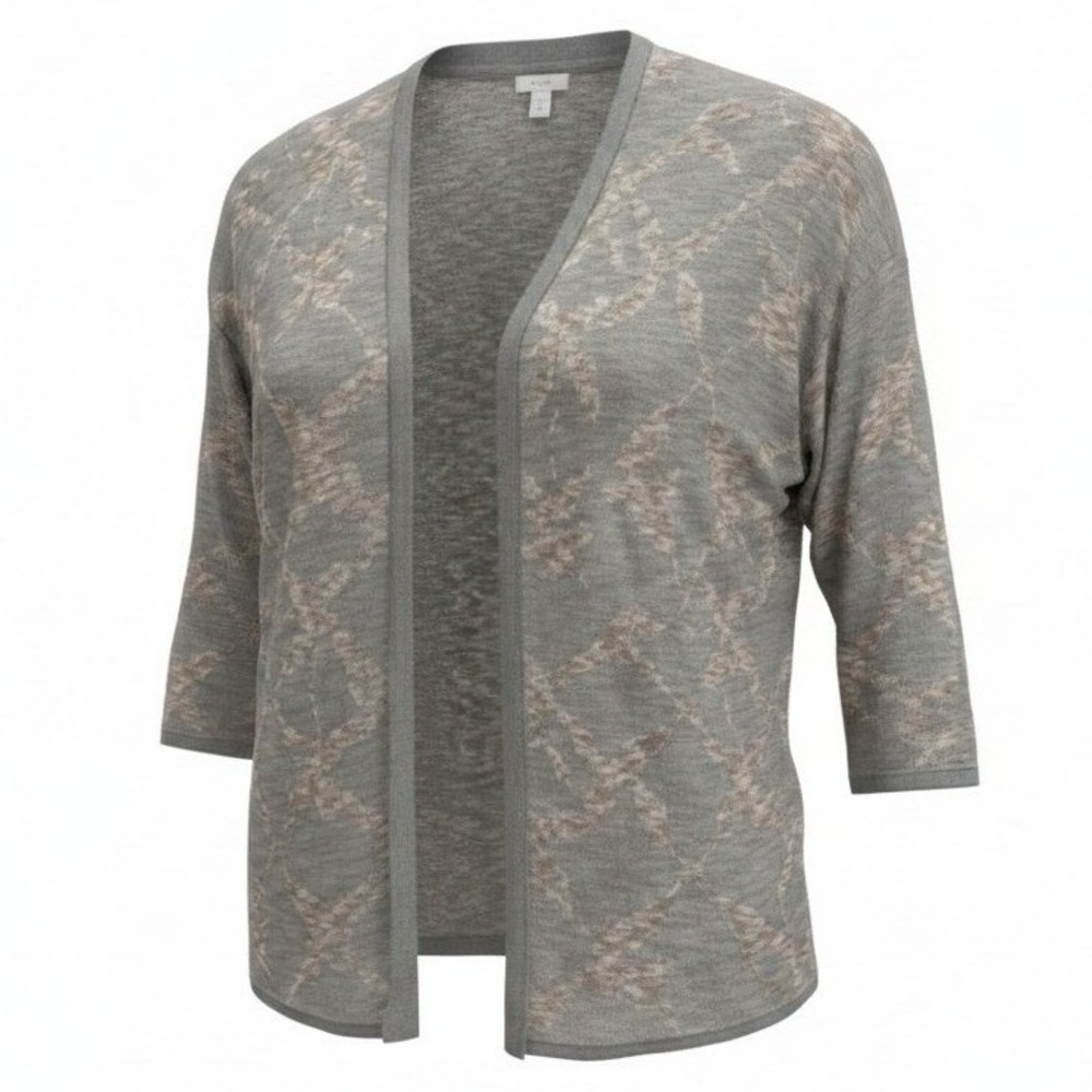 Pure Jill Cardigan Women M Grey Geometric Open Front 3/4 Sleeve Knit Sweater